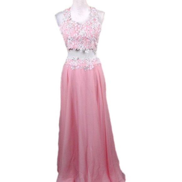 Rachel Allan Pink Crystal Embellished Two Piece Cropped Halter Maxi Skirt Set - Picture 1 of 16